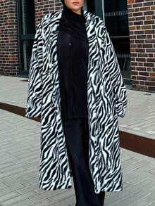 DAZY Zebra Print Thermal Lined Thick Warm Long Faux Fur Coat For Women - Black and White - View 3