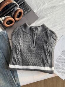 男式半拉链扭绳长袖毛衣 - 灰色 - 查看 7