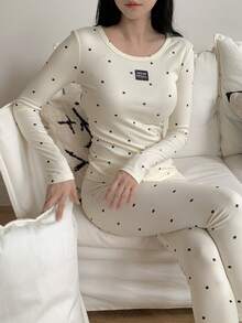 DAZY 2 件女式波尔卡圆点印花修身长袖上衣和裤子睡衣套装，秋冬睡衣秋季衣服 - 白色 - 查看 1