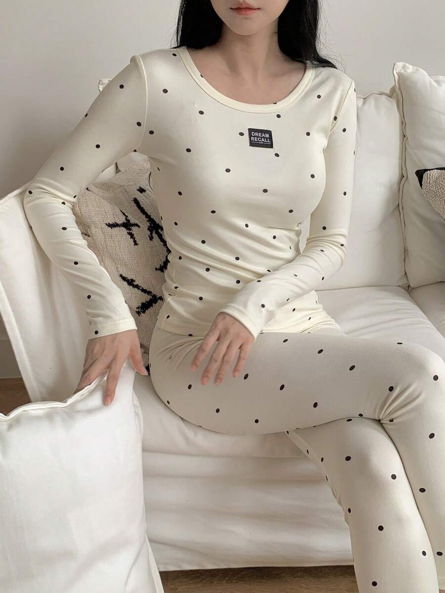 DAZY 2 件女式波尔卡圆点印花修身长袖上衣和裤子睡衣套装，秋冬睡衣秋季衣服 - 白色 - 查看 1