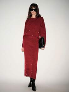 SHEIN Luminelle 2 件女士优雅手工水钻针织毛衣和裙子套装，宽松星空套头衫和中长裙