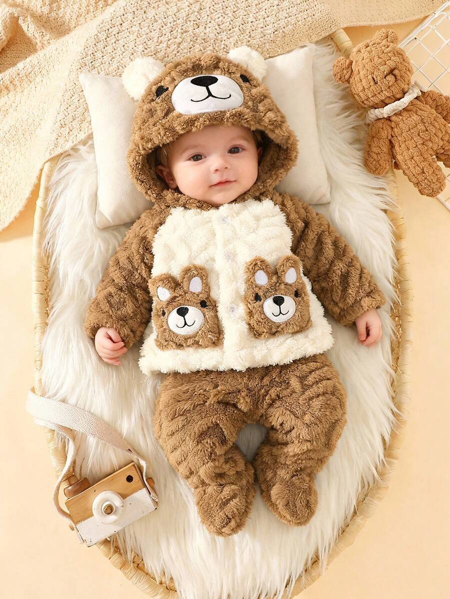 SHEIN 2pcs Newborn Baby & Toddler Cute Cartoon Bear Hooded Outfit, Soft Plush Sweatshirt Set