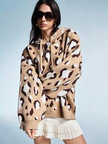 GENKIRA 秋冬棕色豹纹连帽衫提花休闲百搭时尚女式毛衣 - 彩色 - 查看 5