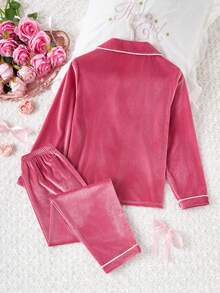 2件套少女玫瑰红毛绒休闲长袖开衫上衣和裤子家居服套装，柔软毛绒，适合秋冬季穿着