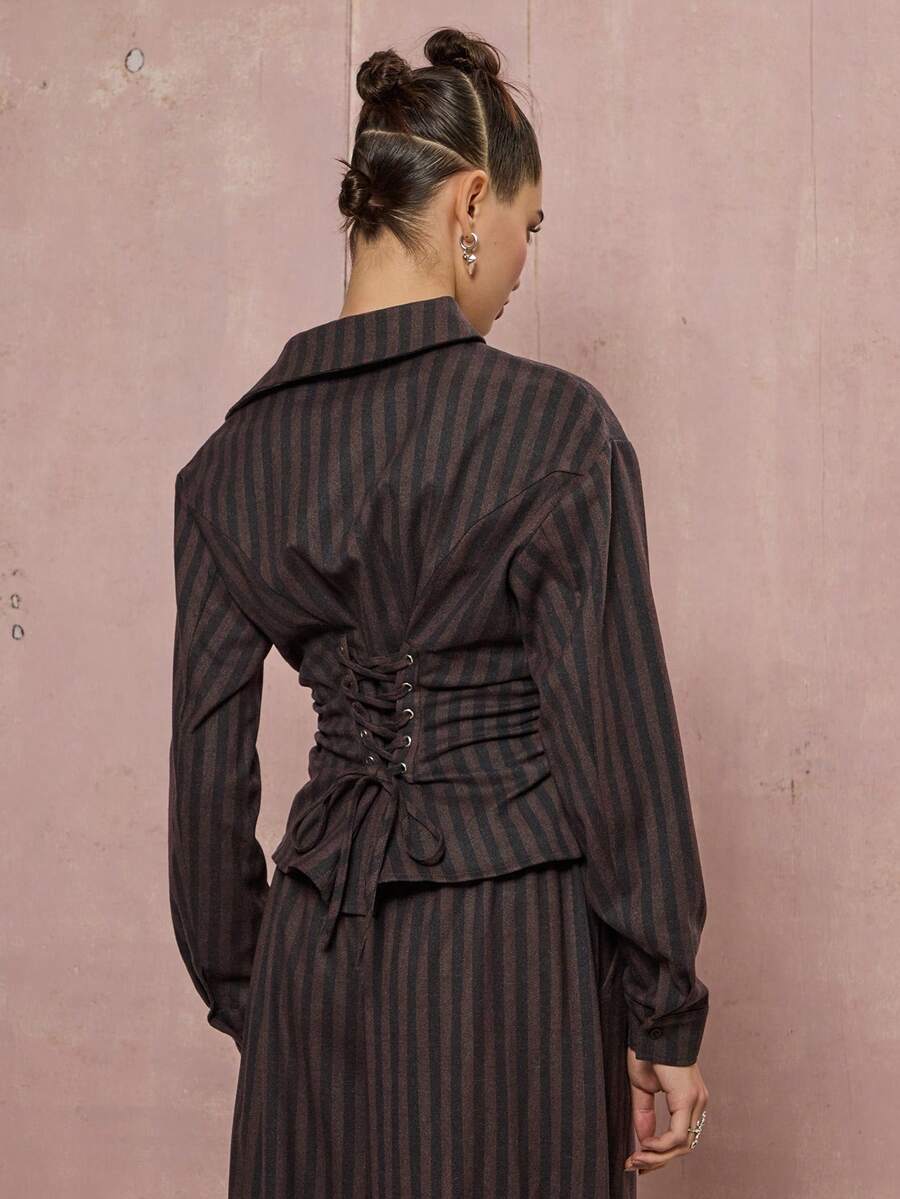 COUREZ 不对称收腰条纹衬衫，后背格纹细节 / Y2K 冬季女装外出上衣新年棕色上衣冬季上衣 - 彩色 - 查看 1