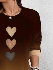 EMERY ROSE Thanksgiving Brown Ombre Heart Print Casual Minimalist Plus Size Sweatshirt, ,Spring - Multicolor - View 6
