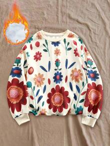 EMERY ROSE Sweatshirt Lengan Panjang Cetak Digital 3D Ukuran Besar, Atasan Leher Bulat Berlapisan Termal, Beige, Musim Gugur, Lucu, Sekolah, Pullover Bergaris Hangat dan Modis untuk Kembali ke Sekolah - MultiWarna - View 1