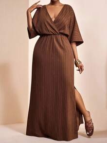 Veslaya Plus Size Women's Solid Color Overlap V-Neck Batwing Sleeve Casual Dress