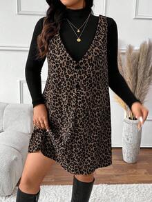 SHEIN Frenchy Women Plus Size Solid Stand Collar Long Sleeve T-Shirt And Leopard Print Suspender Dress Casual 2 Pieces Set, Autumn Leopard Print Dress Cheetah Print Dress Two Piece Outfits For Women Animal Print Dress Plus Size Leopard Print Dress,Fall Clothes For Women
