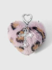 ROMWE Goth 1 件随机颜色 Y2K 可爱复古朋克高价值哥特风格棕色/灰色/玫瑰红色/粉色毛绒豹纹动物图案心形银色铆钉镂空花卉水晶十字架装饰 DIY 钥匙扣包饰，适合姐妹、闺蜜、女士、情侣、日常穿着、节日礼物 - 彩色 - 查看 16