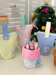 Joivida 1 件女孩彩色手持格子铅笔收纳盒、办公用品收纳盒、学生文具收纳盒、适合中小学生的便携式文具袋、女孩文具袋、返校、学校用品、铅笔盒、铅笔袋、书包 - 彩色 - 查看 3