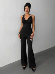 Jeanoix 女式纯色垂领时尚连体衣，带金属环装饰 - 黑色 - 查看 4