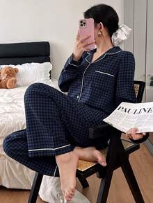 Bubble Textured Plaid Collar Top & Pants Pajama Set Fall Winter Clothes - Multicolor - View 3