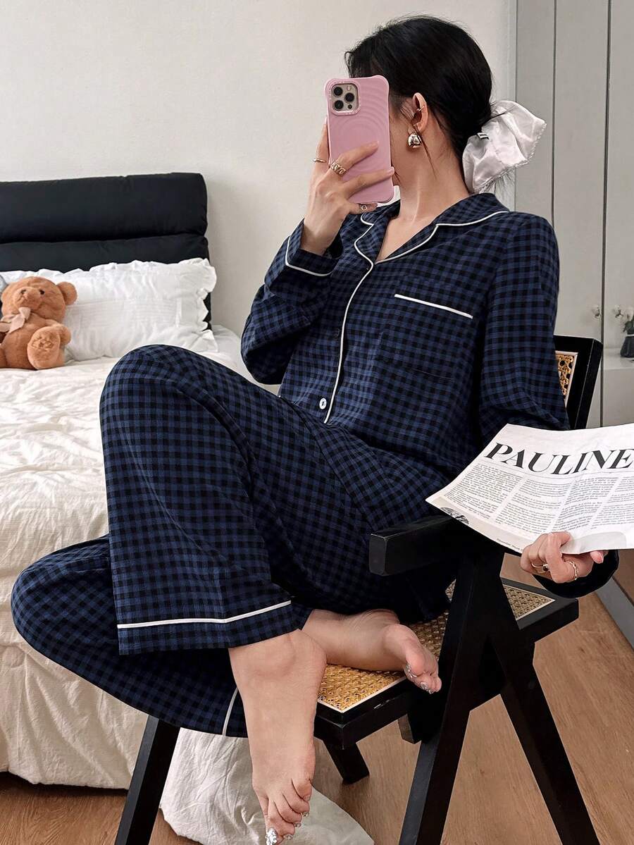 Napfluff Bubble Textured Plaid Collar Top & Pants Pajama Set Fall Winter Clothes - Multicolor - View 1