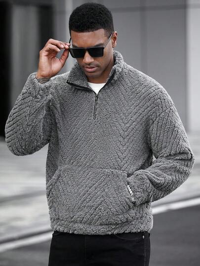Manfinity CasualCool 男士休闲纯色保暖卫衣，秋冬季百搭针织外套，灰色拉链长袖上衣