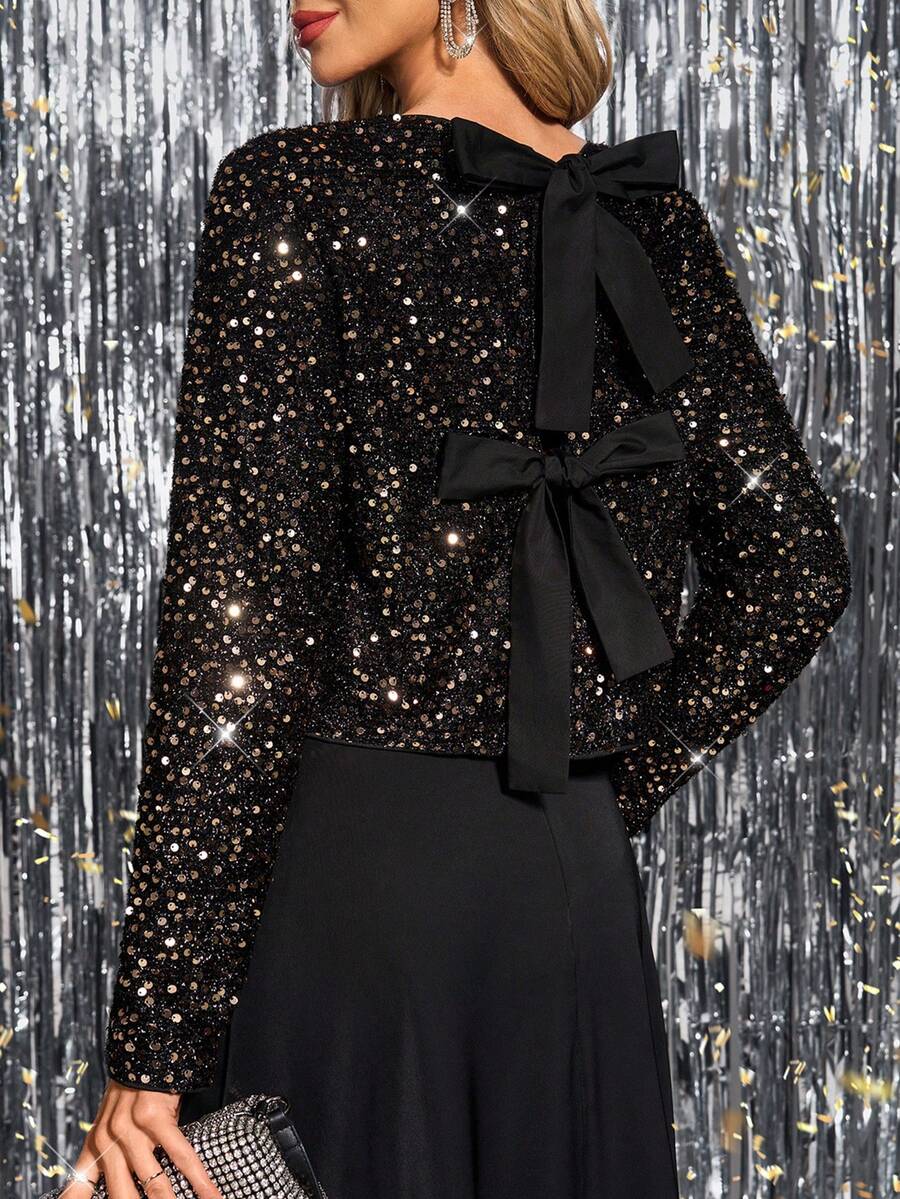 SHEIN Clasi 女士圆领长袖黑色亮片优雅日常、外出、节日派对闪亮蝴蝶结露背上衣，秋冬季 - 黑色 - 查看 1