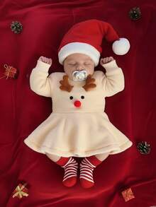 SHEIN Neugeborenes Baby Rentier Plüschkleid, süßes Geweih- und Rotnasen-Design, weiches, flauschiges Material warm und hautfreundlich, mit Stirnband, kuschelige Stoffe warm und hautfreundlich, festliche Stimmung, elegante Kleider für Baby Mädchen