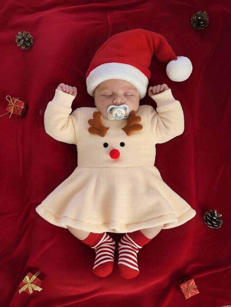 SHEIN Neugeborenes Baby Rentier Plüschkleid, süßes Geweih- und Rotnasen-Design, weiches, flauschiges Material warm und hautfreundlich, mit Stirnband, kuschelige Stoffe warm und hautfreundlich, festliche Stimmung, elegante Kleider für Baby Mädchen