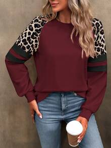 SHEIN LUNE Leopard & Striped Print Crew Neck Long Sleeve Pullover Sweatshirt - Burgundy - View 3