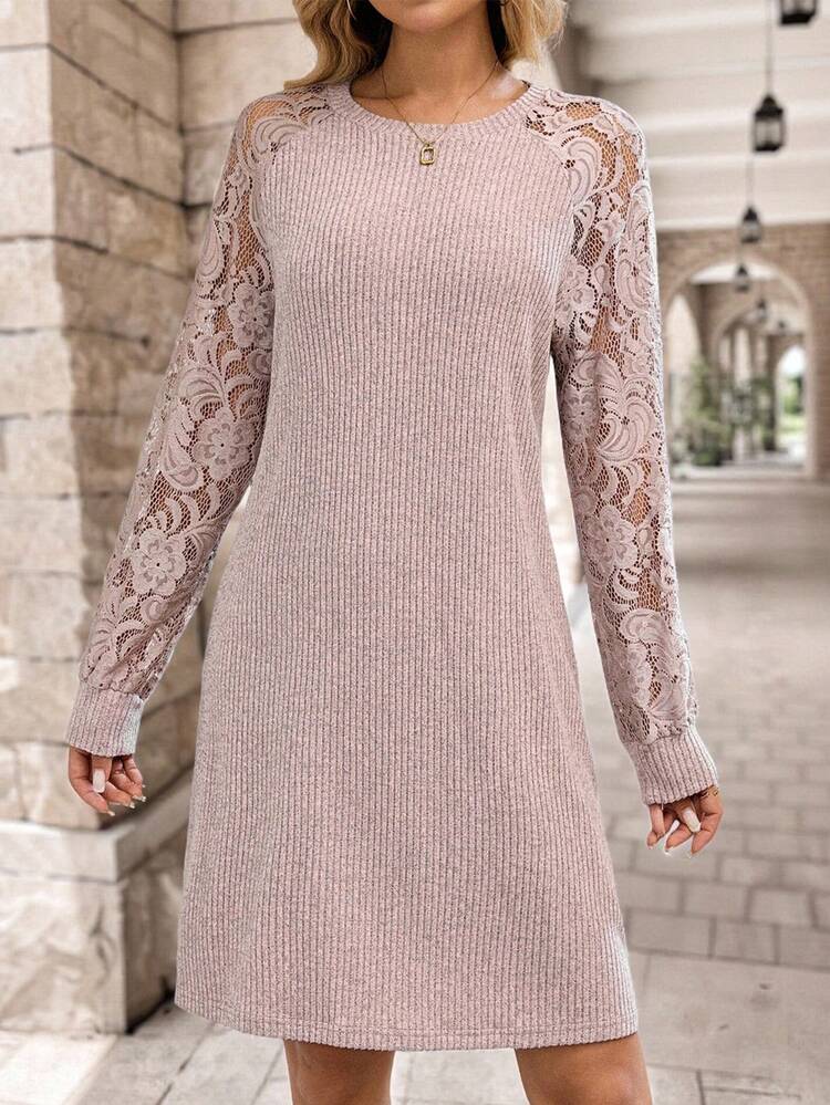 Women's Casual Contrast Lace Round Neck Raglan Sleeve Short Dress Elegant Dresses For Women  Elegant Dresses For Party  Women Dresses Autumn Winter  One-Piece Dress Ladies Autumn Winter Cozy Fall And Winter Clothes For Women  New Year Dress