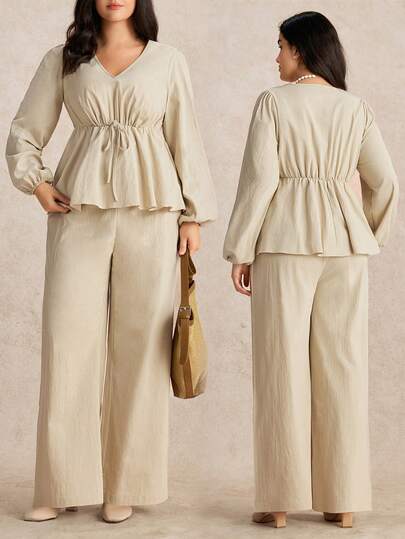 Nubod Conjunto de 2 piezas de camisa de manga farol con cintura con cordón y pantalones de pierna ancha, estilo retro francés elegante y casual para mujer de talla grande, otoño/invierno