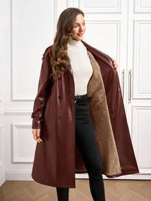Ellevyn 安哥拉红色 PU 皮革保暖内衬系带长袖长款风衣 - 紅木色 - 查看 16