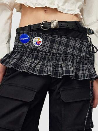 Anime 1 pièce Robe portefeuille à volants à carreaux Y2K avec jupe à taille plissée, ceinture réglable et badge