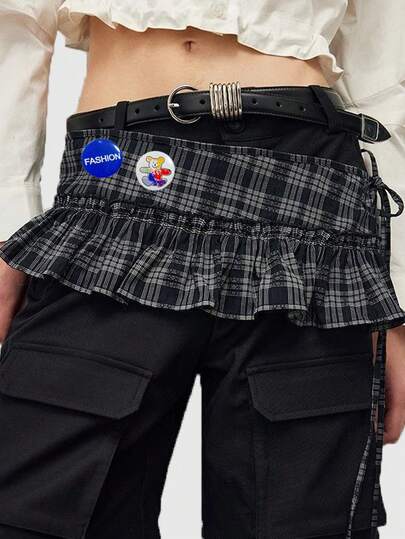 Anime 1 Pc Plaid Ruffle Wrap Dress Y2K Layered Waist Skirt With Adjustable Tie Belt And Badge