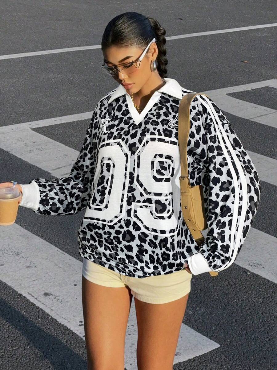 SHEIN EZwear 豹纹字母图案休闲加大码卫衣，秋冬女装 - 灰色 - 查看 1