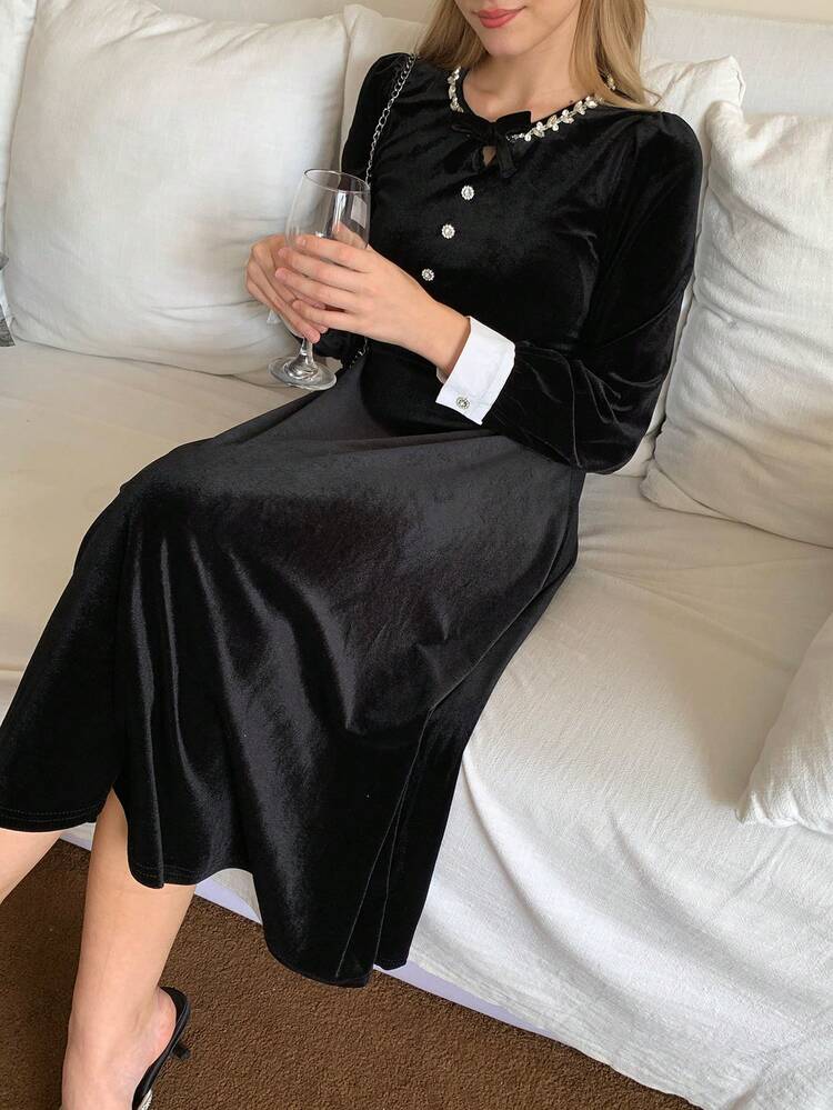 Women's Velvet Rhinestone Decor Waist Cinched Colorblock Maxi Elegant Party Dress