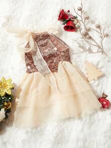 PETSIN 1pc Pet Cat/Dog Christmas Gold Sequin Mesh Panel Tie-Up Neck Dress - 香檳色 - 查看 3