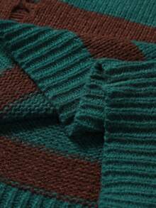 Manfinity Homme 男士休闲宽松条纹做旧圆领长袖毛衣，秋冬 - 墨綠色 - 查看 6