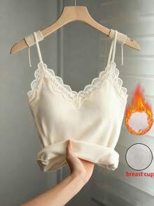 SHEIN Franclia Women's Solid Color Lace Patchwork Elegant Camisole, Ladies Lace Splicing V-Neck Thermal Lined Warm With Bra Cup Fashionable Camisole, Women's Fashionable Autumn And Winter Tops, Women's Velvet Lace Base Top, Suitable For Autumn And Winter, Winter Clothes For Women, Autumn Outfits For Women, New Year Women, White Top, Women's Solid Color Warm Base Top, Bra Cup Integrated Base Top, Suitable For Going Out As An Elegant Base, Women's Casual Top For Going Out