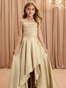 Tween Girl Elegant Fashion Luxurious Spaghetti Strap Criss-Cross Shoulder Sleeveless High Waist Cinched Waist Flared Hem Long Asymmetric Hem Design Solid Satin Shiny Fabric High-End Christmas, Graduation, Party, Halloween Dress - Champagne - View 5