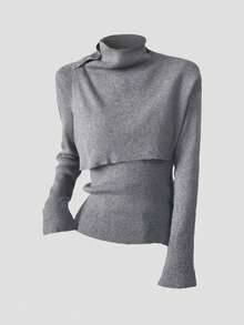 SHEIN Unity 新款不对称高领套头斗篷毛衣，修身通勤，女款 - 灰色 - 查看 1