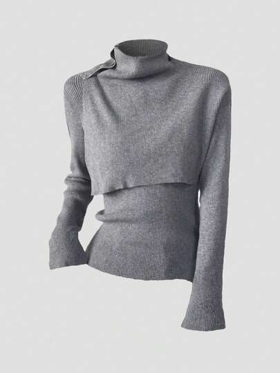 Lunelith SHEIN Lunessa New Asymmetrical High Neck Pullover Poncho Sweater, Slim Fit For Commuting, Women