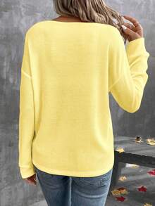 EMERY ROSE V领彩色蕾丝拼接舒适宽松女式T恤，秋季 - 黃色 - 查看 2