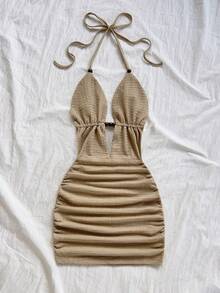 Soleia 女式复古扎染抽象印花深 V 领系带露背迷你连衣裙，合身褶饰，适合派对、约会、下午茶、性感时尚夏日海滩度假 - 卡其色 - 查看 3