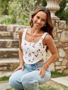 KARISMINA 樱桃印花修身针织背心，度假好选择