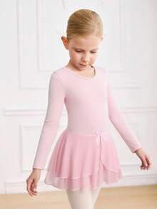 SHEIN 年轻女孩时尚户外纯色针织紧身连衣舞裙，蝴蝶结装饰，弹力柔软运动服 - 粉色 - 查看 3