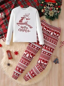 青少年男孩圣诞卡通鹿印花长袖上衣 + 卡通鹿格子长款舒适睡衣 - 白色 - 查看 1