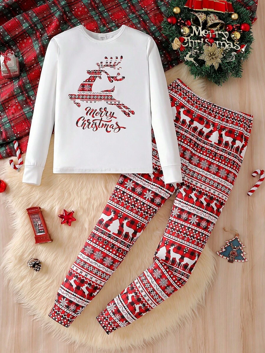 青少年男孩圣诞卡通鹿印花长袖上衣 + 卡通鹿格子长款舒适睡衣 - 白色 - 查看 1
