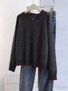 Franclia 休闲宽松圆领长袖针织撞色饰边插肩袖杏色女式套头衫，春秋