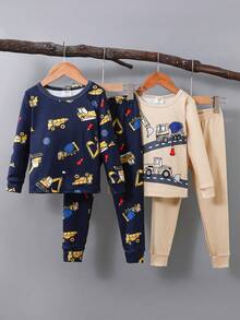 4pcs Young Boy Snug Fit Pajama Set,Cartoon Car Excavator Fire Truck Print Long Sleeve Top & Pants,Autumn Family Matching Cotton Tween Lounge Clothes - Royal Blue - View 3