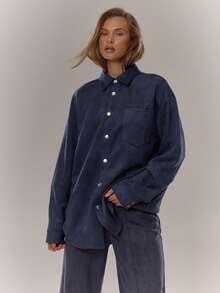 MUSERA Suede Drop Shoulder Seam Detail Popper Through Shirt Everyday Cosy Going Out Fall Autumn Winter Blue Elegant