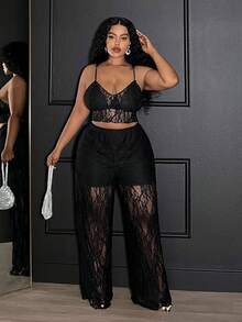 Slaydiva 2025 Herbst/Winter Neue Sexy Spitzen Trägerhemd + Weite Hose Set, Große Größen, Geeignet für Party, Nachtclub, Treffen, Date, Ball, Club