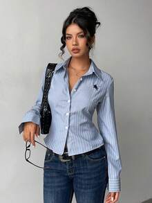 Jeanoix 女式条纹长袖纽扣休闲衬衫，时尚百搭