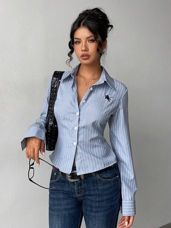 Jeanoix Camisa casual de mujer de manga larga con botones y rayas, de moda y versátil