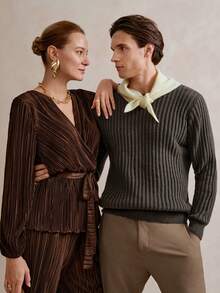 Manfinity Homme Men's Autumn/Winter New Blogger Fashionable 3D Floral Textured Solid Color Ribbed Pullover Sweater, Long Sleeve Top - Brown - View 5