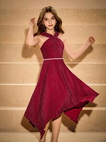 青少年女孩无袖系带优雅万圣节圣诞连衣裙（配腰带） - 酒紅色 - 查看 5